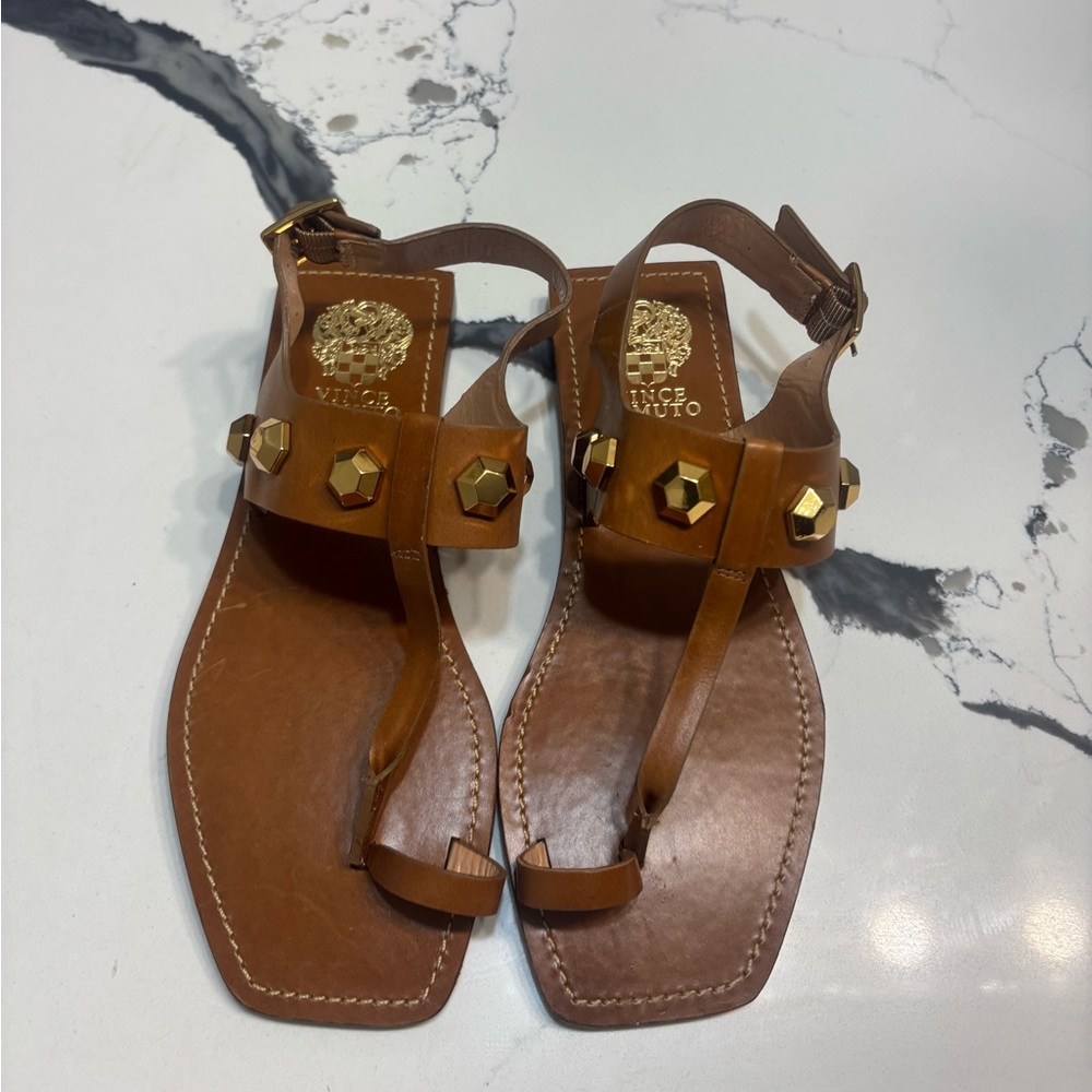 Vince Camuto Tan leather studded Sandals with Gold Accents